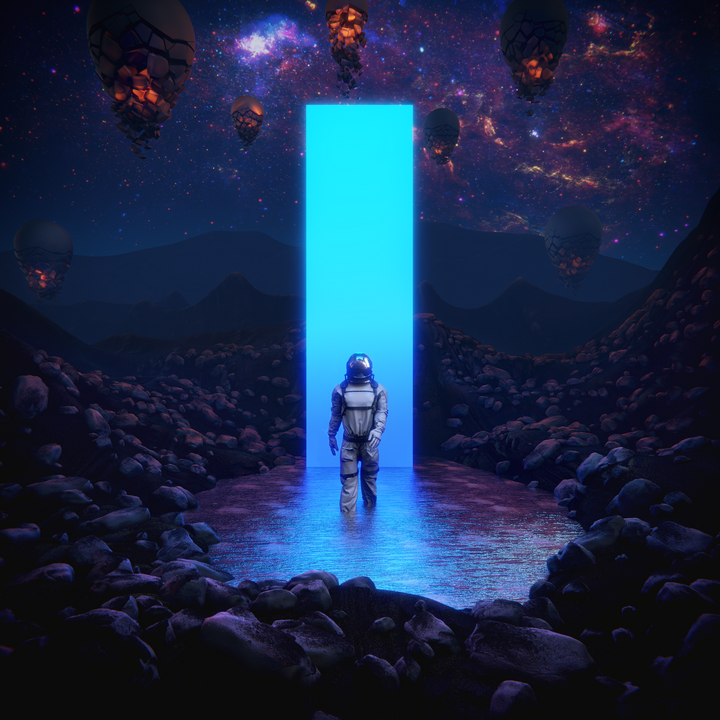 Astronaut approaching a luminous spatial portal
